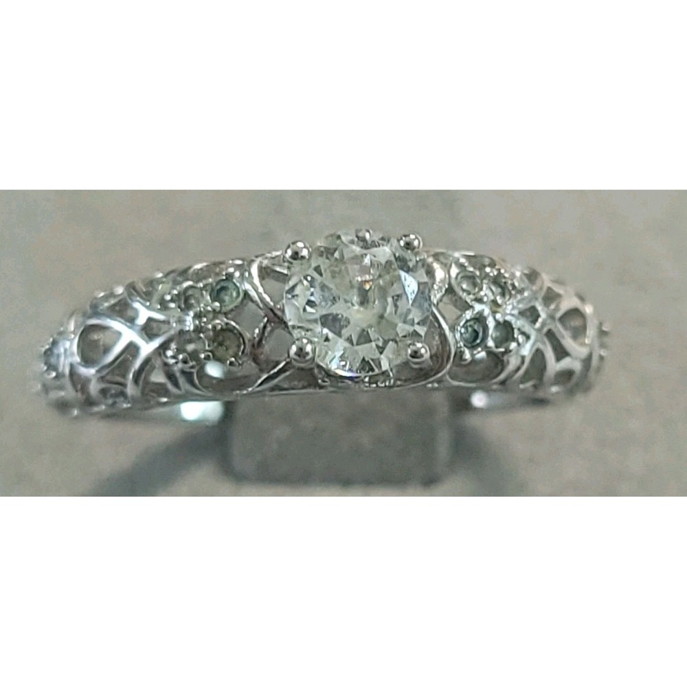 Size 6.75 Silver Tone Clear Solitaire Ring Filigree Openwork Floral Art Nouveau